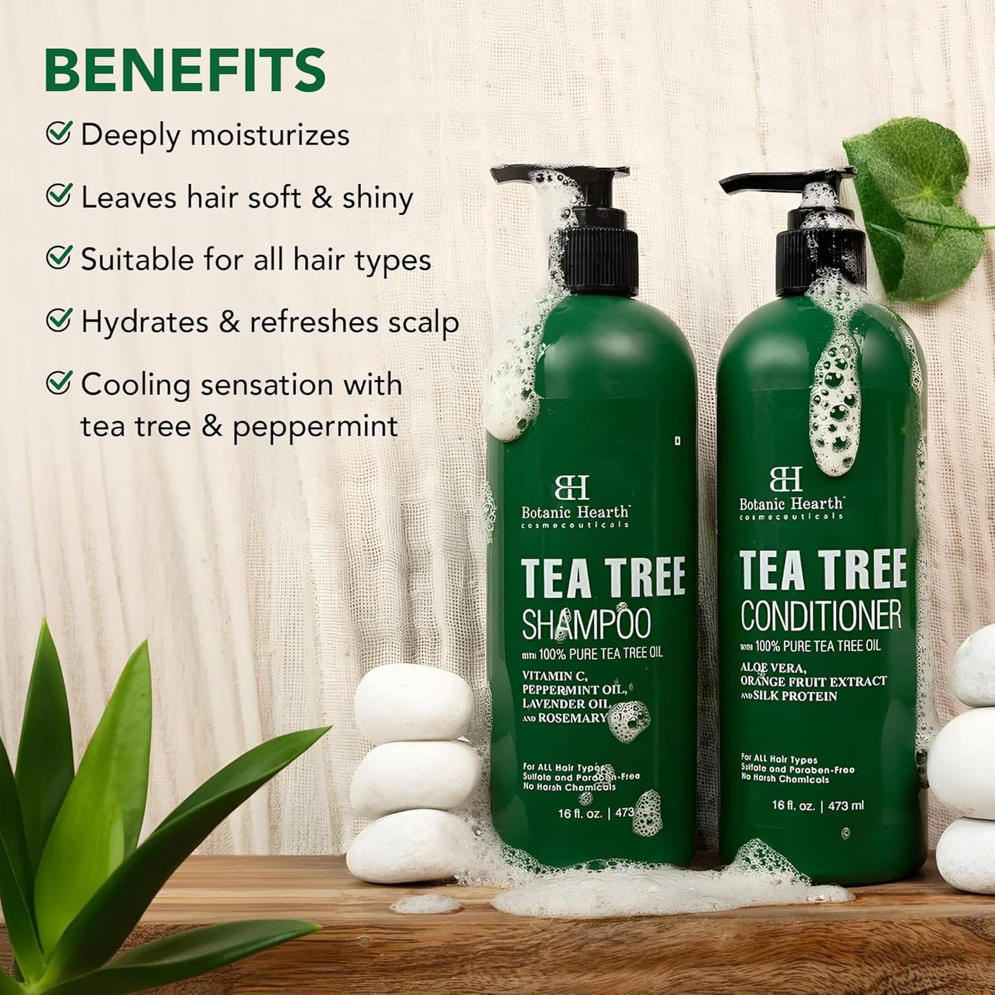Tea Tree Shampoo and Conditioner Set - with 100% Pure Tea Tree Oil, for Itchy and Dry Scalp, Sulfate Free, Paraben Free - for Men and Women - 2 Bottles 16 Fl Oz Each