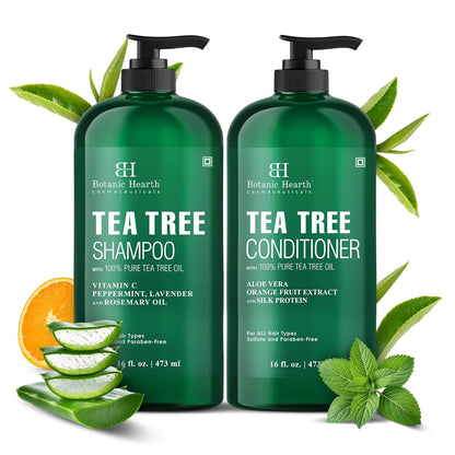 Tea Tree Shampoo and Conditioner Set - with 100% Pure Tea Tree Oil, for Itchy and Dry Scalp, Sulfate Free, Paraben Free - for Men and Women - 2 Bottles 16 Fl Oz Each