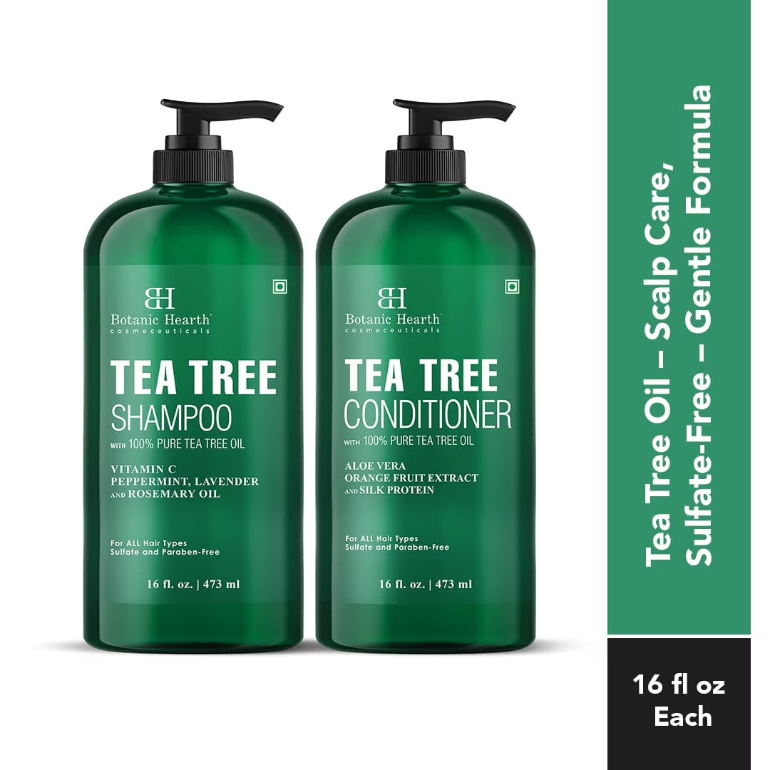 Tea Tree Shampoo and Conditioner Set - with 100% Pure Tea Tree Oil, for Itchy and Dry Scalp, Sulfate Free, Paraben Free - for Men and Women - 2 Bottles 16 Fl Oz Each