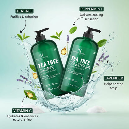 Tea Tree Shampoo and Conditioner Set - with 100% Pure Tea Tree Oil, for Itchy and Dry Scalp, Sulfate Free, Paraben Free - for Men and Women - 2 Bottles 16 Fl Oz Each