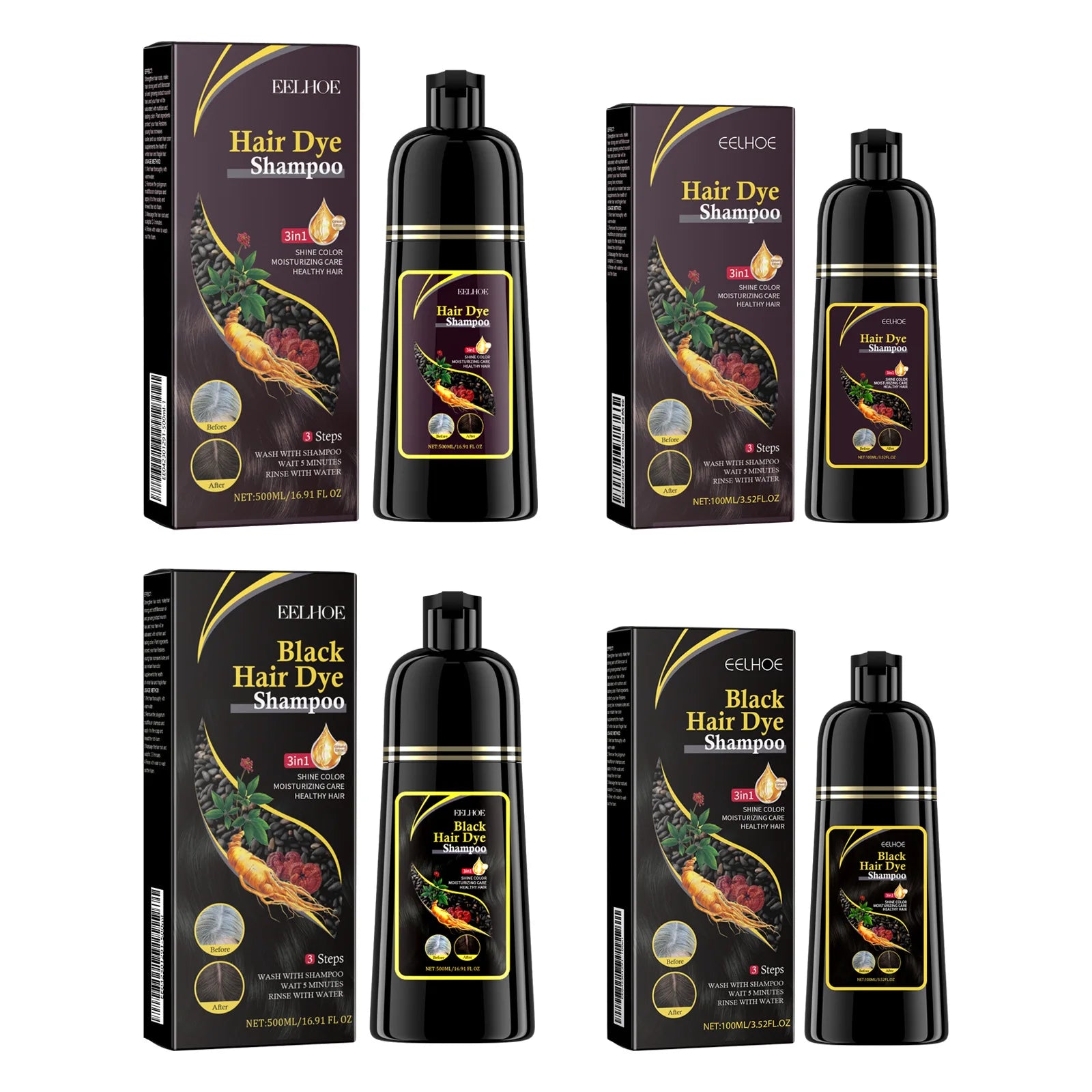 Black Hair Dye Shampoo 3-in-1 – Natural Herbal Hair Color Shampoo for Black Hair, Deep Nourishing, Hair Growth & Gray Hair Coverage