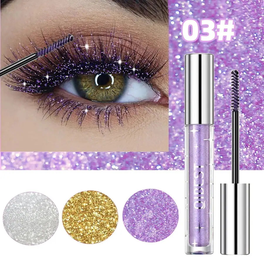 Glitter Diamond Mascara – Waterproof Shimmer Curling Mascara (Silver, Gold & Purple)