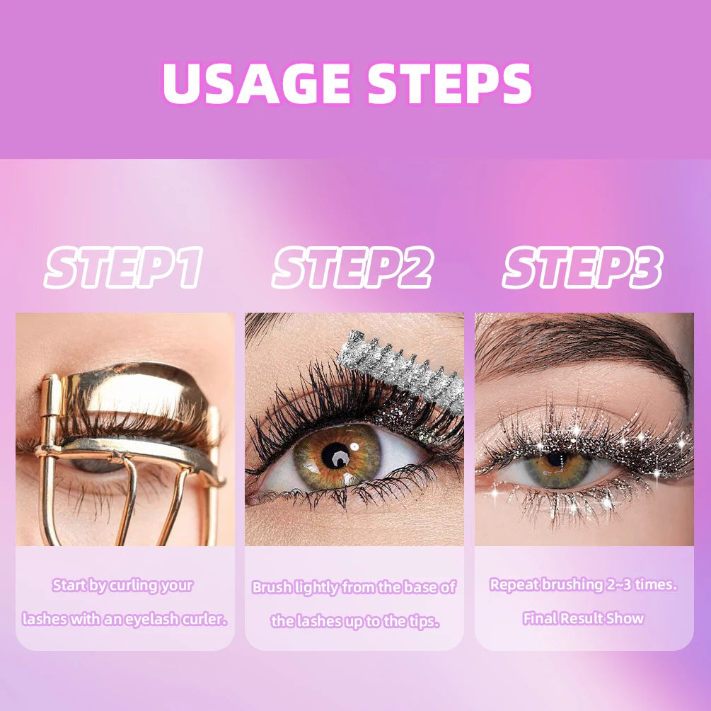 Glitter Diamond Mascara – Waterproof Shimmer Curling Mascara (Silver, Gold & Purple)