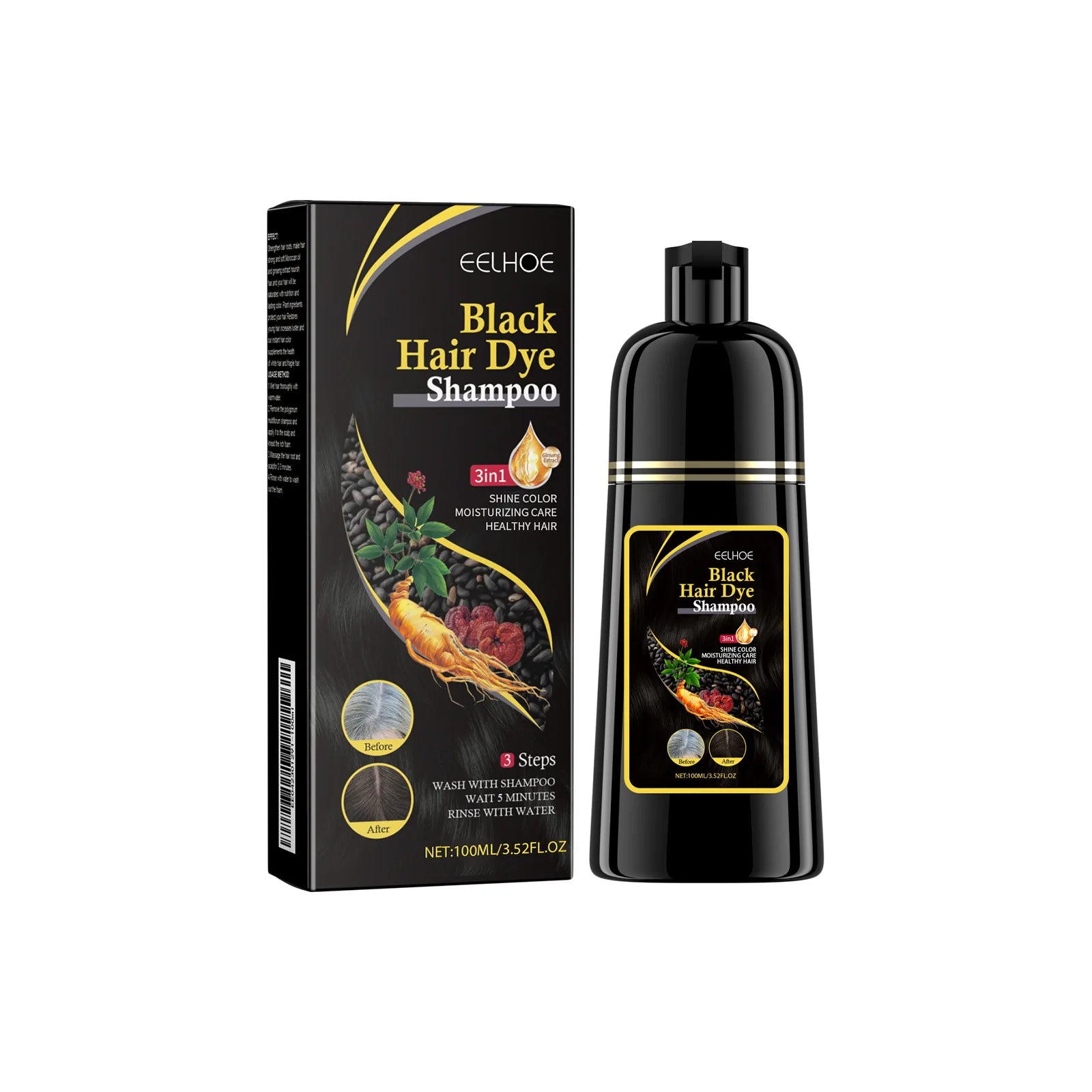 Black Hair Dye Shampoo 3-in-1 – Natural Herbal Hair Color Shampoo for Black Hair, Deep Nourishing, Hair Growth & Gray Hair Coverage
