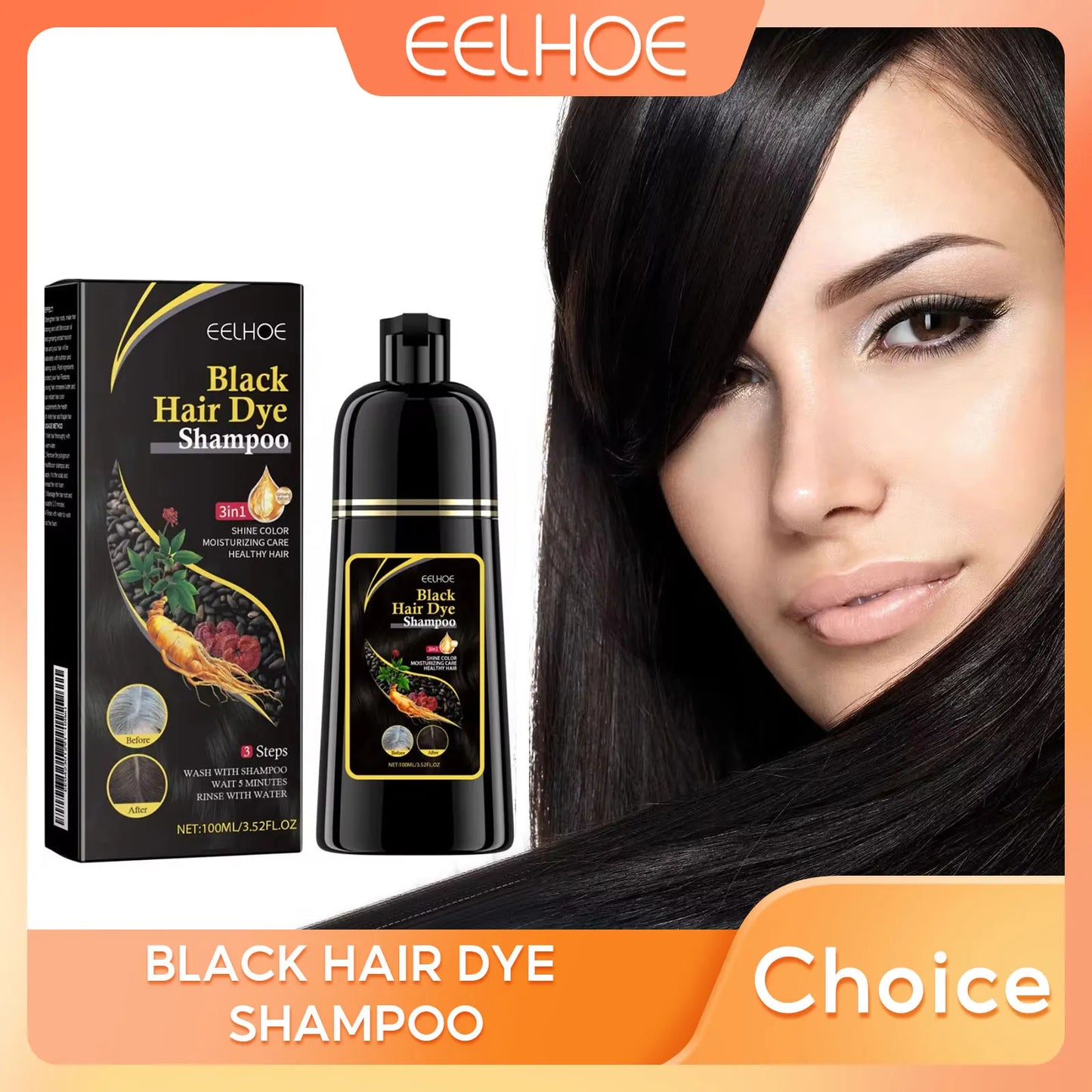 Black Hair Dye Shampoo 3-in-1 – Natural Herbal Hair Color Shampoo for Black Hair, Deep Nourishing, Hair Growth & Gray Hair Coverage