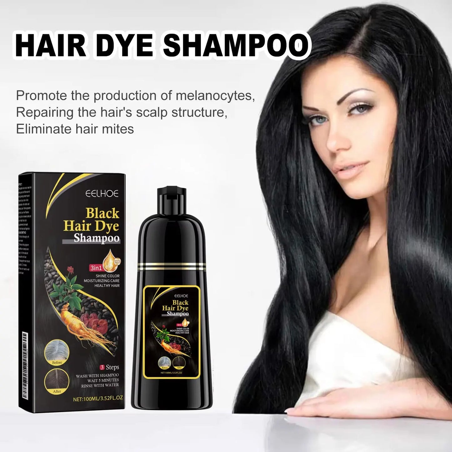 Black Hair Dye Shampoo 3-in-1 – Natural Herbal Hair Color Shampoo for Black Hair, Deep Nourishing, Hair Growth & Gray Hair Coverage