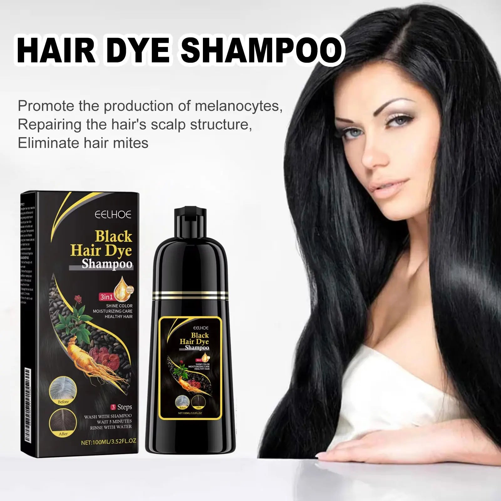 Black Hair Dye Shampoo 3-in-1 – Natural Herbal Hair Color Shampoo for Black Hair, Deep Nourishing, Hair Growth & Gray Hair Coverage
