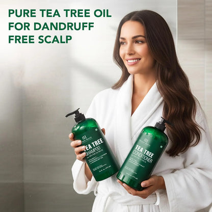 Tea Tree Shampoo and Conditioner Set - with 100% Pure Tea Tree Oil, for Itchy and Dry Scalp, Sulfate Free, Paraben Free - for Men and Women - 2 Bottles 16 Fl Oz Each