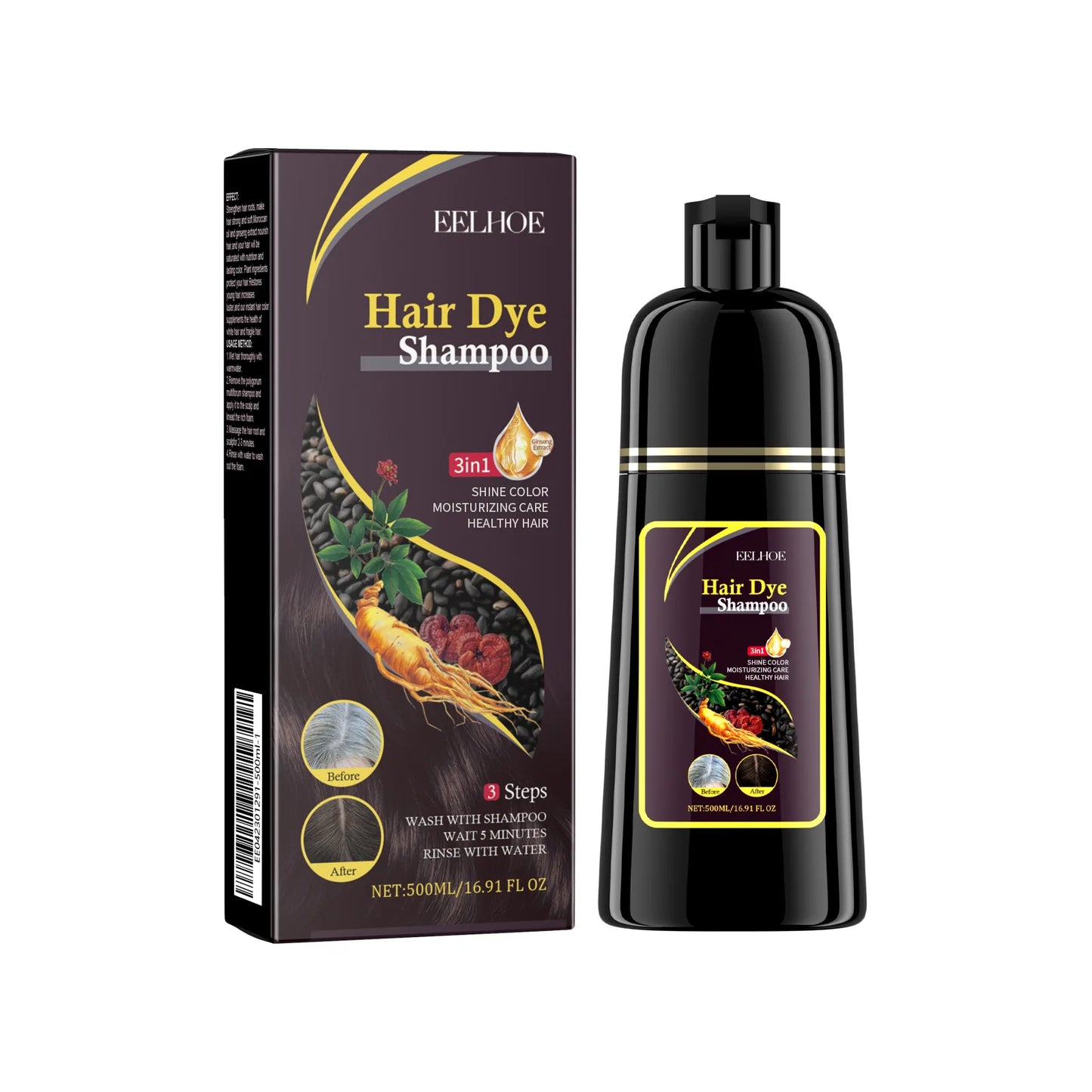 Black Hair Dye Shampoo 3-in-1 – Natural Herbal Hair Color Shampoo for Black Hair, Deep Nourishing, Hair Growth & Gray Hair Coverage
