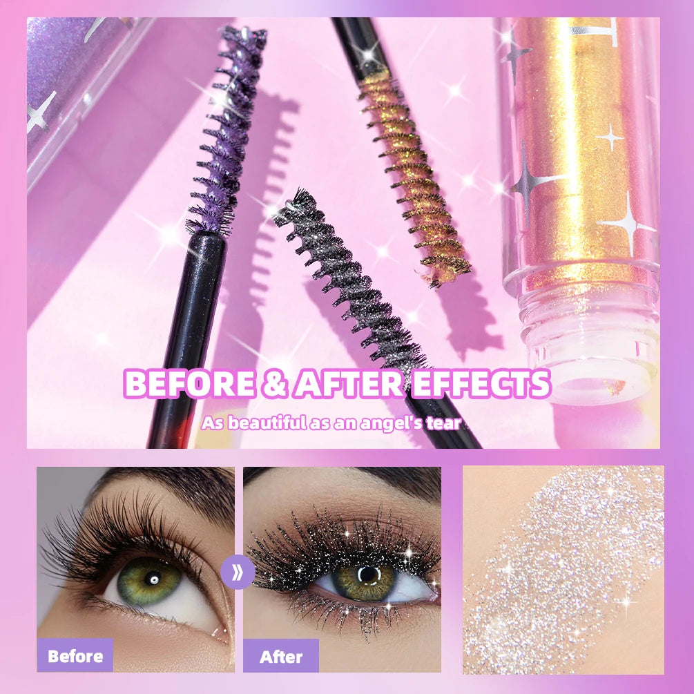 Glitter Diamond Mascara – Waterproof Shimmer Curling Mascara (Silver, Gold & Purple)