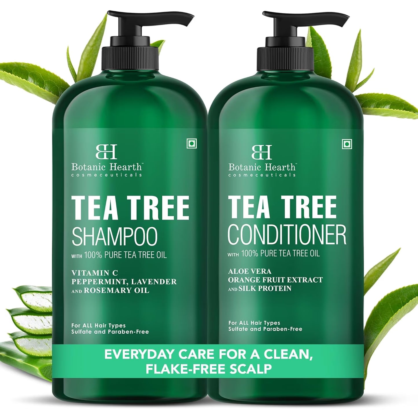 Tea Tree Shampoo and Conditioner Set - with 100% Pure Tea Tree Oil, for Itchy and Dry Scalp, Sulfate Free, Paraben Free - for Men and Women - 2 Bottles 16 Fl Oz Each