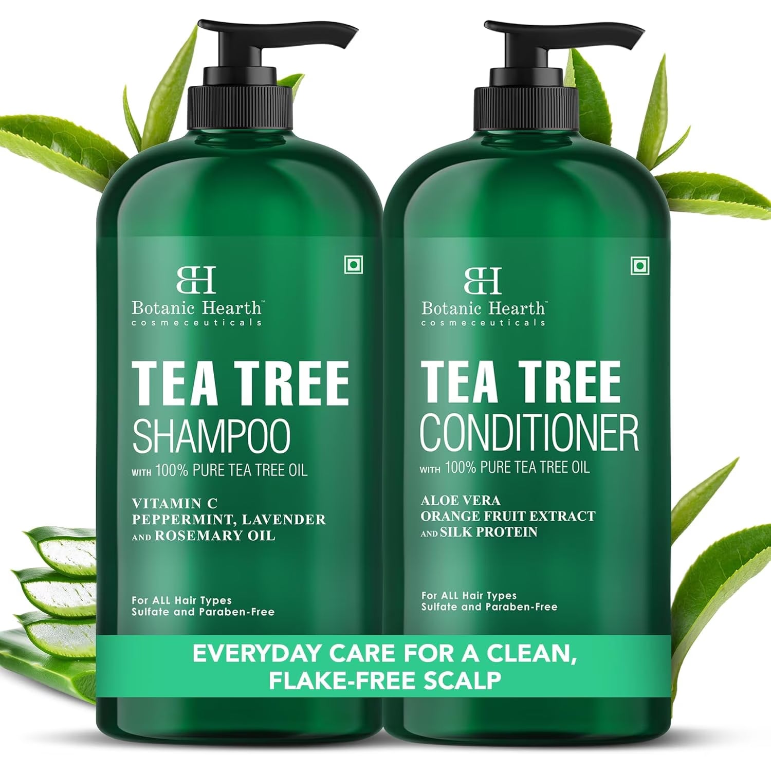 Tea Tree Shampoo and Conditioner Set - with 100% Pure Tea Tree Oil, for Itchy and Dry Scalp, Sulfate Free, Paraben Free - for Men and Women - 2 Bottles 16 Fl Oz Each