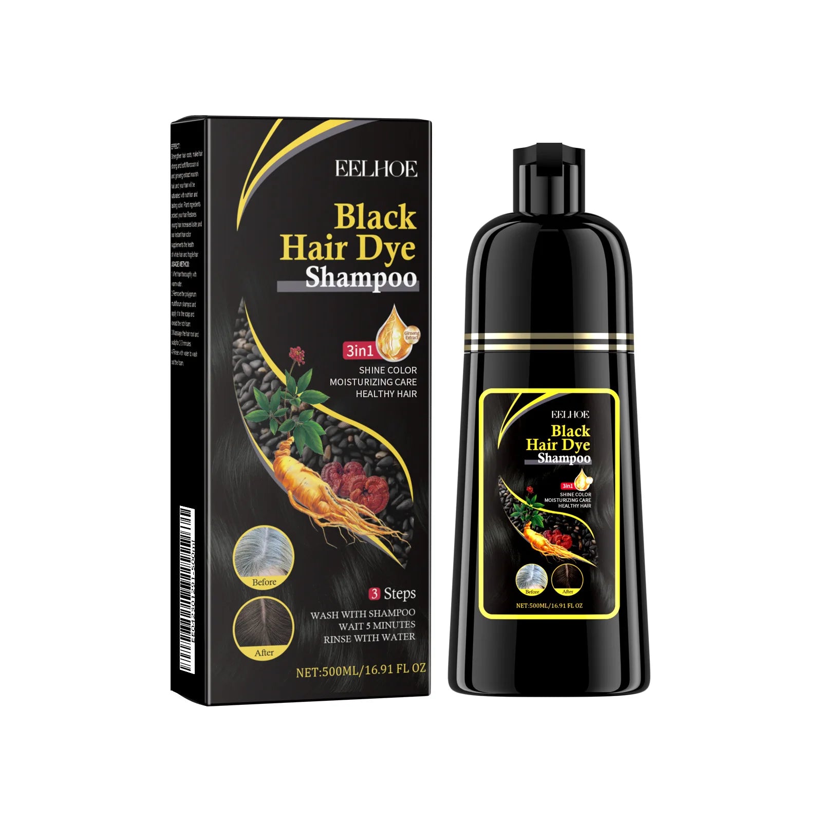 Black Hair Dye Shampoo 3-in-1 – Natural Herbal Hair Color Shampoo for Black Hair, Deep Nourishing, Hair Growth & Gray Hair Coverage